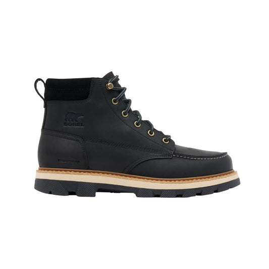 Men’s waterproof moc-toe shoes featuring a leather and textile upper, lace-up closure, padded collar, cushioned footbed, reinforced moc-toe construction, and durable rubber outsole for comfortable everyday wear in wet conditions