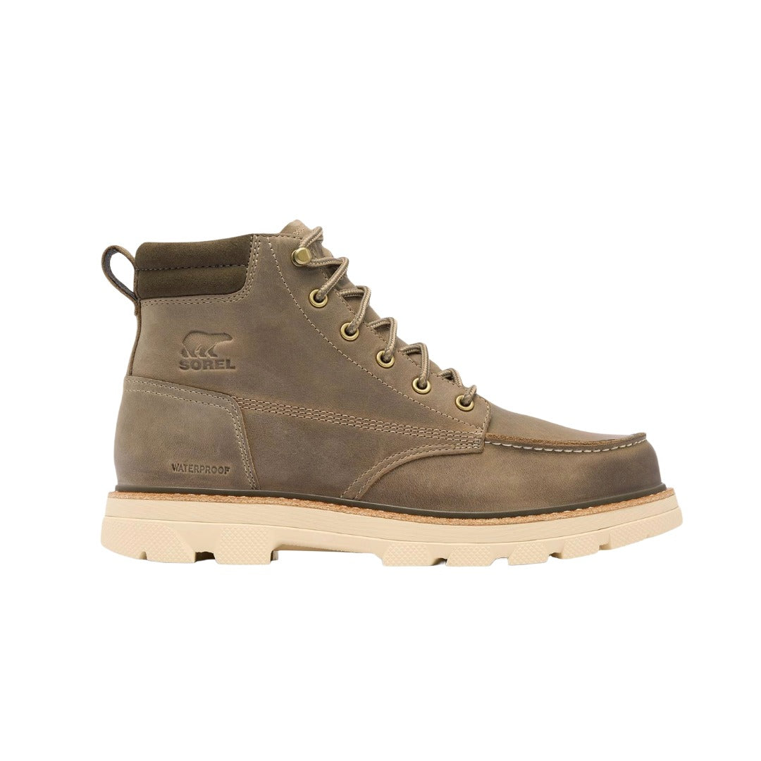 Men’s waterproof moc-toe shoes featuring a leather and textile upper, lace-up closure, padded collar, cushioned footbed, reinforced moc-toe construction, and durable rubber outsole for comfortable everyday wear in wet conditions
