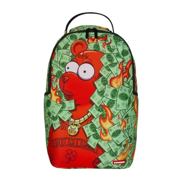 Sprayground backpack featuring a bold Diablo Bear graphic surrounded by bush-themed artwork, with multiple compartments and a structured streetwear design.