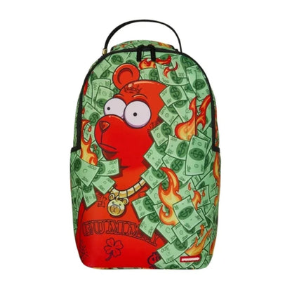 Sprayground backpack featuring a bold Diablo Bear graphic surrounded by bush-themed artwork, with multiple compartments and a structured streetwear design.