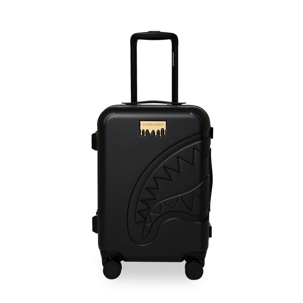 Sprayground Gold Brick LUXE carry-on luggage with metallic gold brick design, hard shell construction, spinner wheels, and telescopic handle for stylish travel