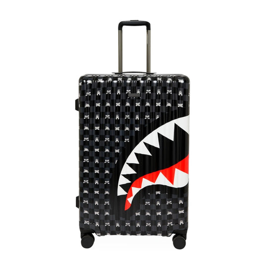 Sprayground Gray Peeking Character Sketch Luggage suitcase with sketch-style character graphic and spinner wheels.