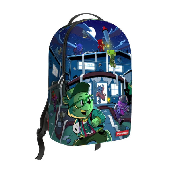 SPRAYGROUND Misfits of Moneyville Blue Backpack featuring bold blue Moneyville graphic design on premium vegan leather with SPRAYGROUND logo detailing.