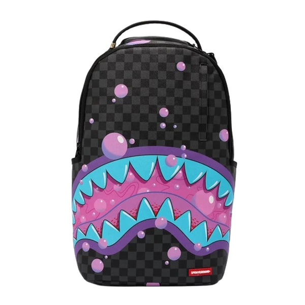 Sprayground Purple Slime Takeover DLXSV Backpack with dripping slime graphic design and multiple zippered compartments.
