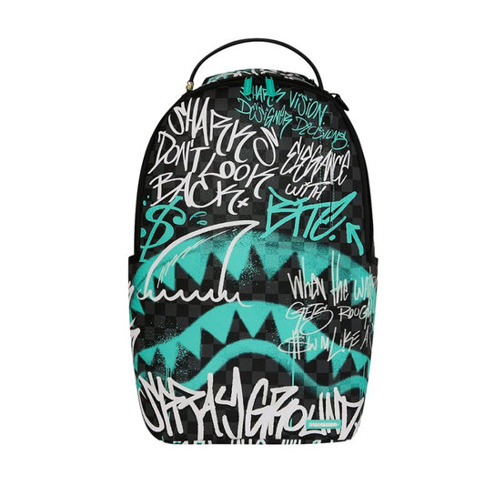 Sprayground Spray Poetry III DLXSV Backpack with graffiti-style graphics, multiple zip compartments, and padded straps.