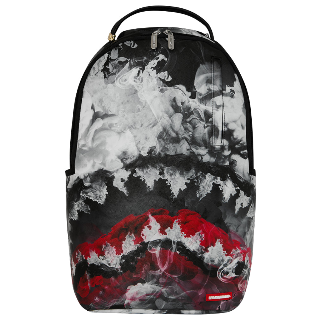 Sprayground Elevate WhiteSmoke DLXSV backpack in white smoke colorway with gold zippers, ergonomic padded back panel, and multiple compartments for everyday storage.