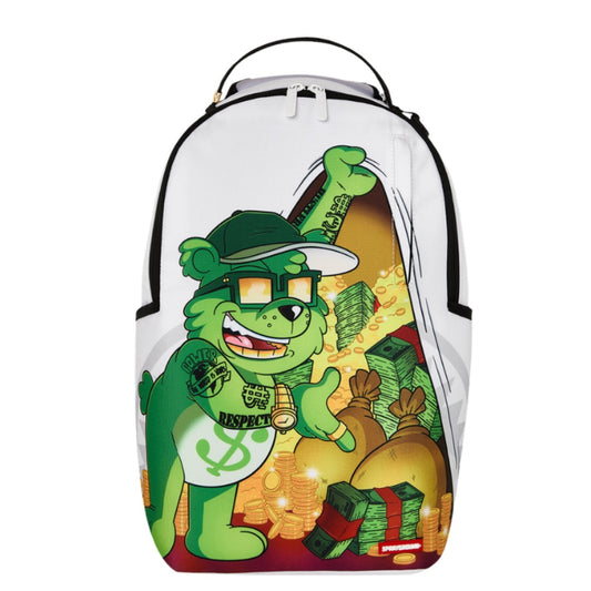 Sprayground Moneybear Stash DLXSR Backpack featuring a Moneybear character with cash-themed graphics, gold zippers, and multiple compartments for everyday or travel use.