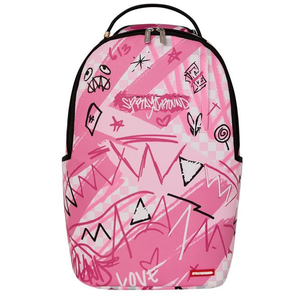 Sprayground Pink Smoke Check DLXSV Backpack featuring pink smoke graphics over a checkered pattern with gold zippers and multiple compartments for everyday use or travel.