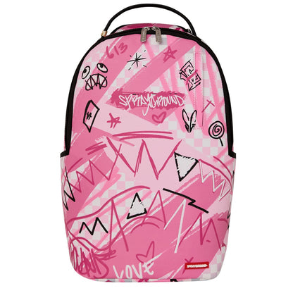 Sprayground Pink Smoke Check DLXSV Backpack featuring pink smoke graphics over a checkered pattern with gold zippers and multiple compartments for everyday use or travel.