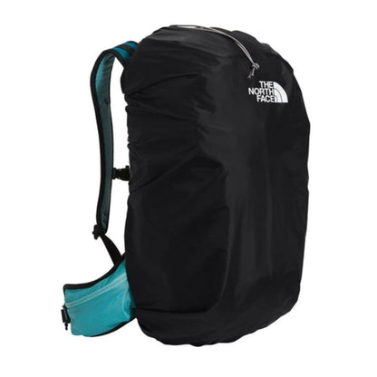 Waterproof The North Face Pack Rain Cover stretched over a hiking backpack with elasticized edges and reflective accents.