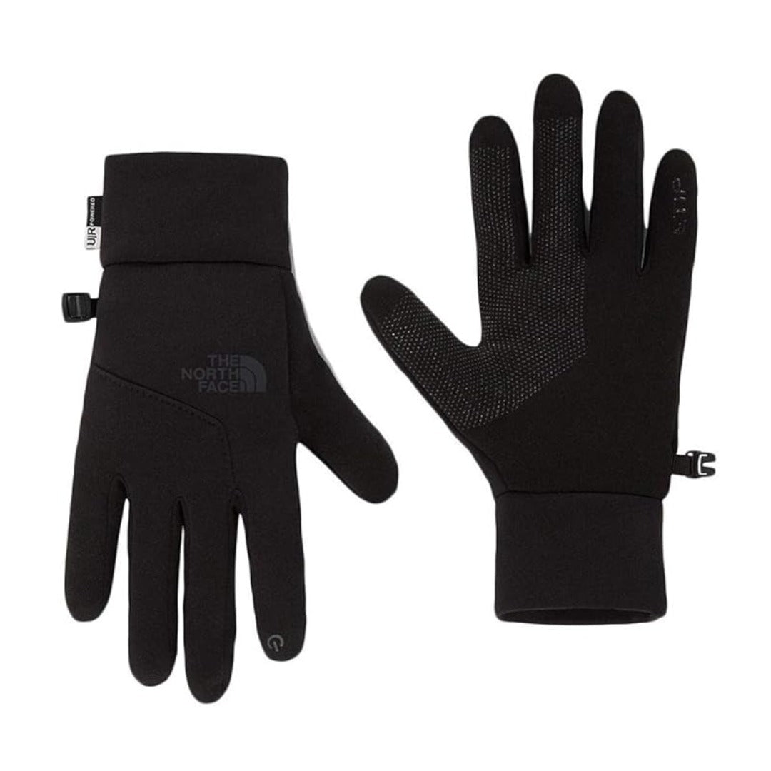 The North Face ETIP touchscreen gloves with stretch fleece fabric and silicone grip palm for cold-weather use.