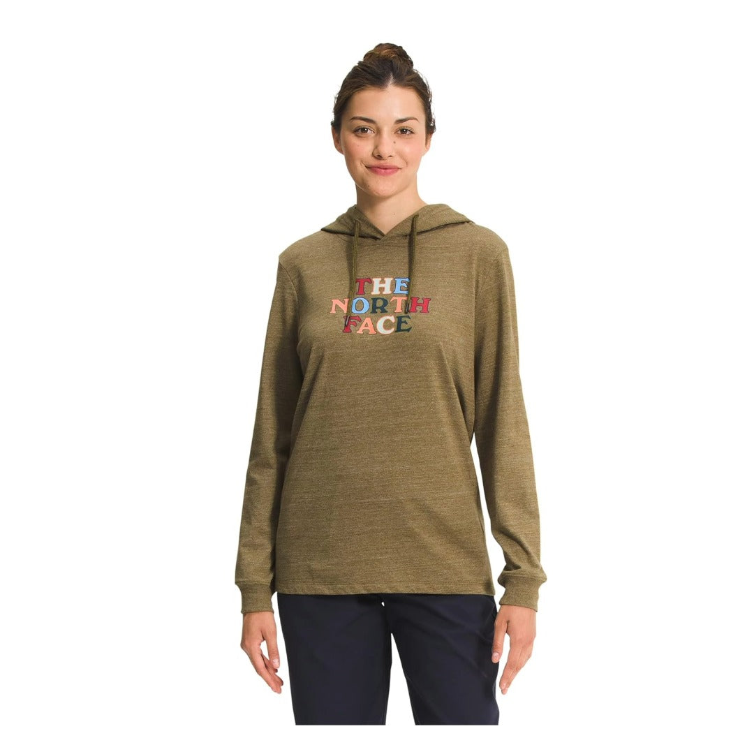 The North Face Women’s Summer Feels Tri-Blend Hoodie lightweight pullover with front logo graphic, attached hood, and ribbed cuffs.