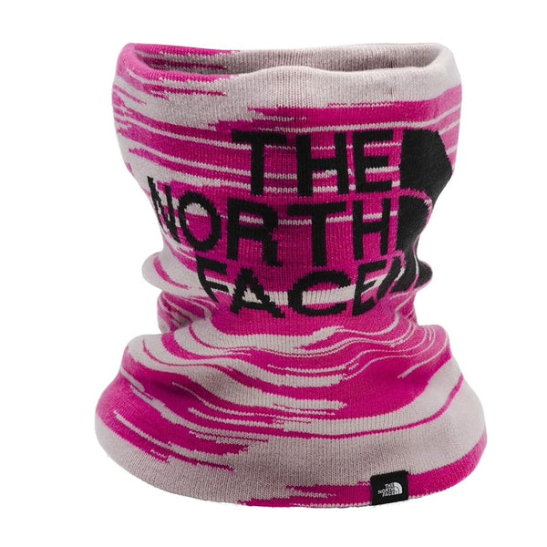 The North Face youth neck gaiter in a soft, stretchy fabric designed for lightweight warmth and wind protection during cold-weather activities.