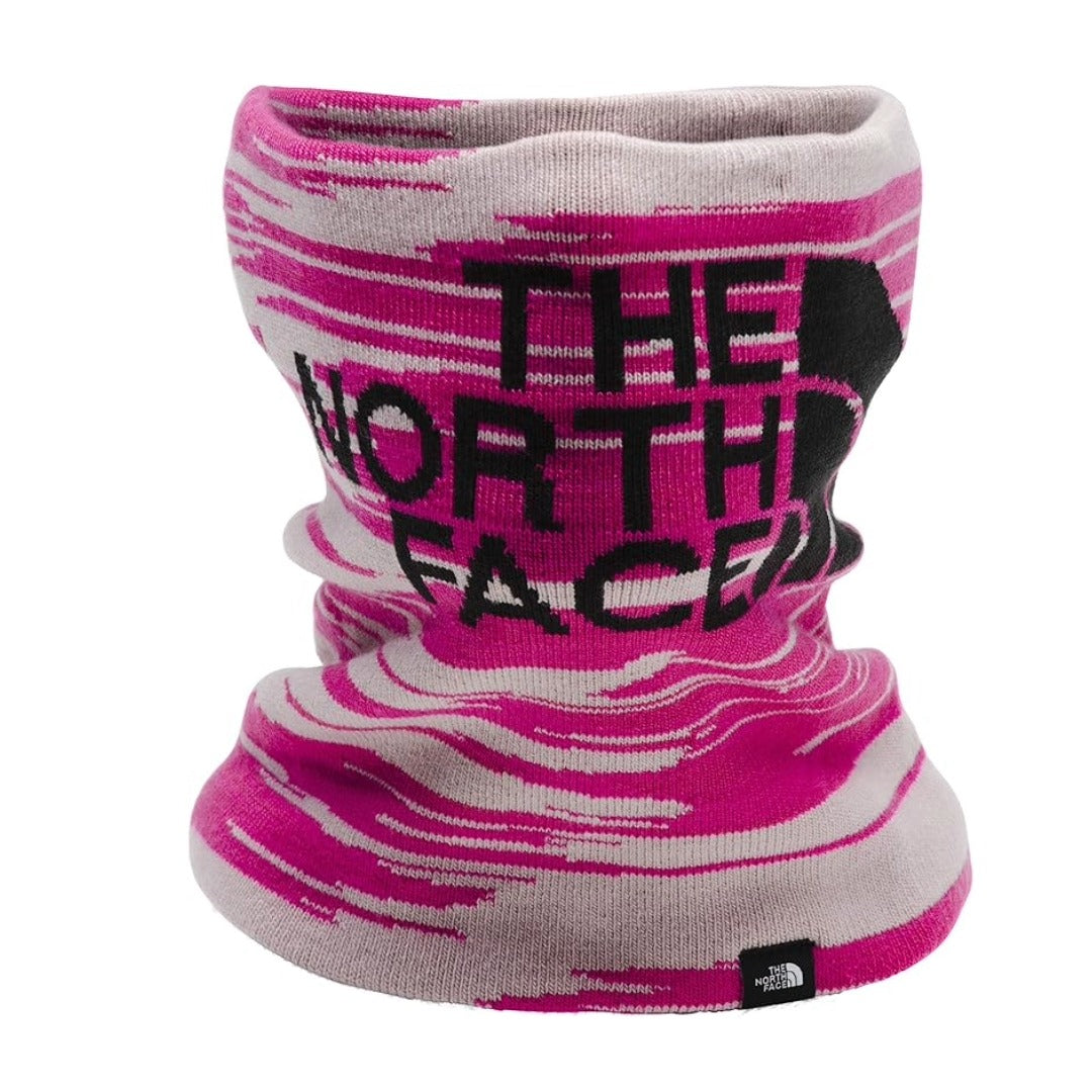 The North Face youth neck gaiter in a soft, stretchy fabric designed for lightweight warmth and wind protection during cold-weather activities.