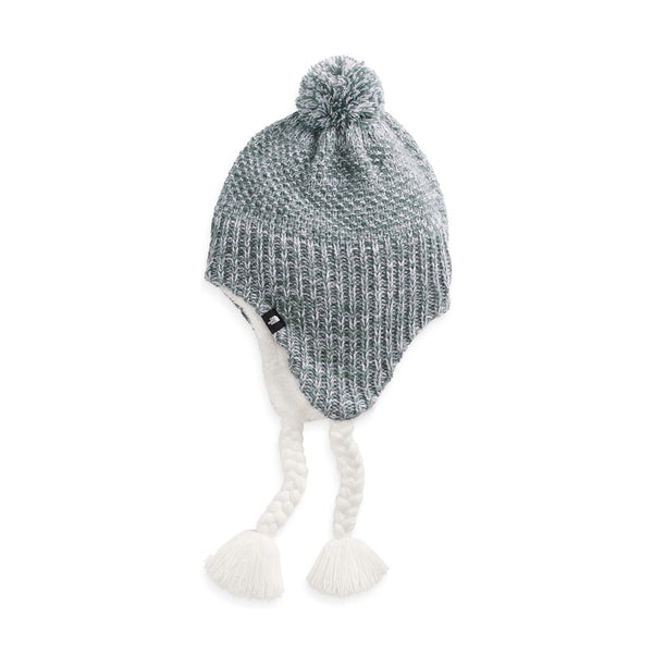 The North Face Girl's Purrl Stitch Earflap Beanie - Laurel Wreath Green/Gardenia White