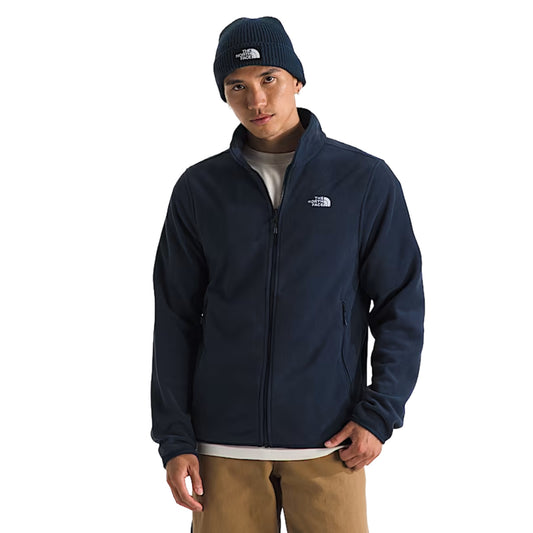 The North Face Men’s Glacier Fleece Jacket in Summit Navy, featuring a lightweight fleece design with a full-zip front and secure hand pockets.