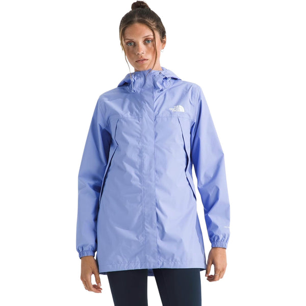 Women wearing a long waterproof rain parka with adjustable hood and zip pockets, designed for wet and windy weather.