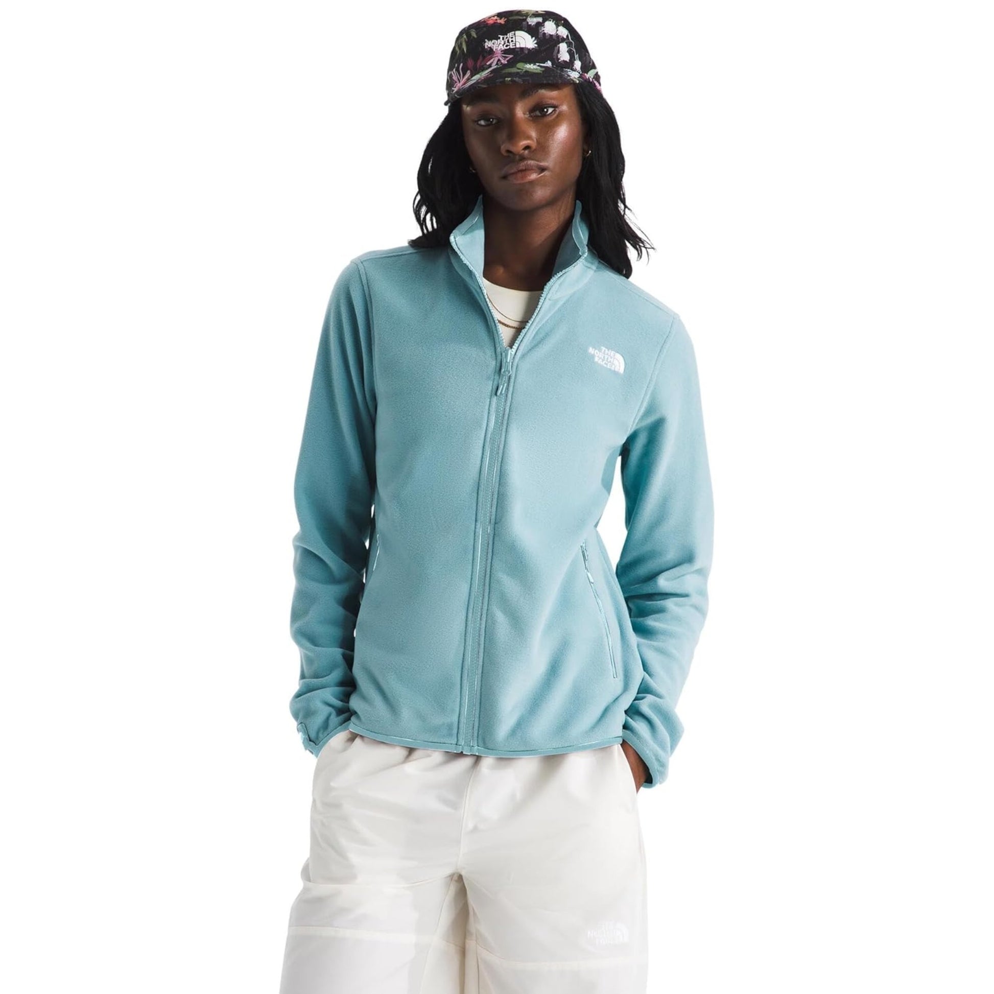 The North Face Women’s Glacier Fleece Jacket in Summit Navy, showcasing a lightweight full-zip design with high collar and embroidered logo on the chest.