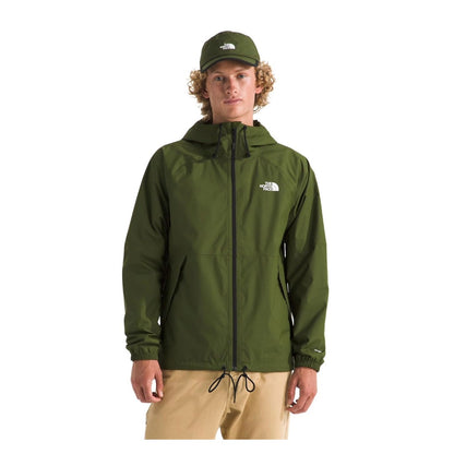 The North Face Men's Antora Rain Hoodie featuring a waterproof shell, adjustable hood, full-zip front, and zippered hand pockets for lightweight rain protection.