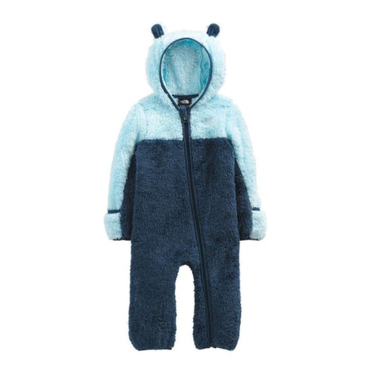 Infant wearing The North Face Baby Bear One-Piece fleece bunting with bear-ear hood, fold-over mitts, and full front zipper.
