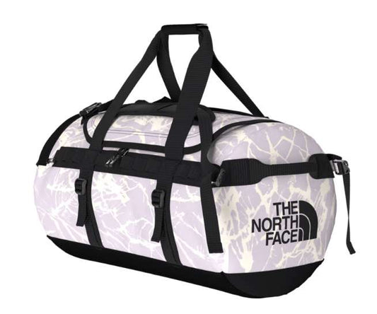 The North Face Base Camp Duffel Medium 71L rugged travel bag with D-zip opening, compression straps, and dual carry handles.