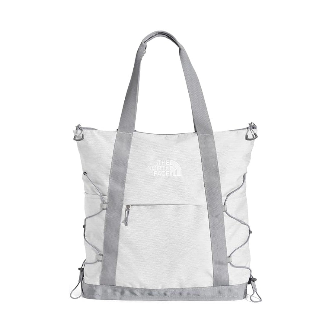 The North Face Borealis Tote Bag featuring spacious main compartment, padded laptop sleeve, durable recycled fabric, and comfortable shoulder straps for everyday carry.