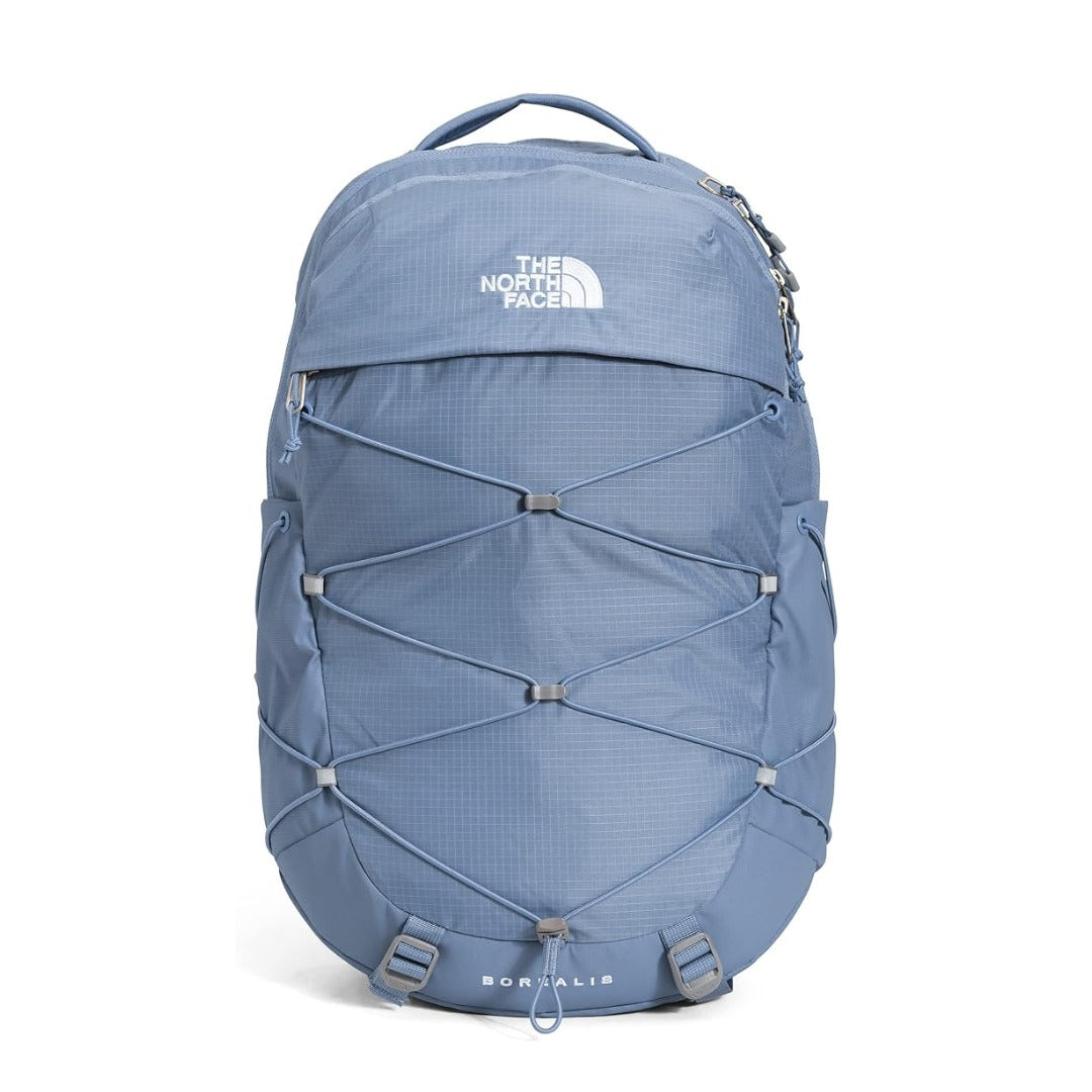 The North Face Women’s Borealis backpack with dual water bottle pockets, front bungee system, and padded laptop compartment.