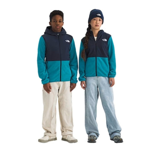 The North Face Boys’ & Girls’ Glacier Full-Zip Hoodie lightweight recycled fleece jacket with hood and zippered pockets.