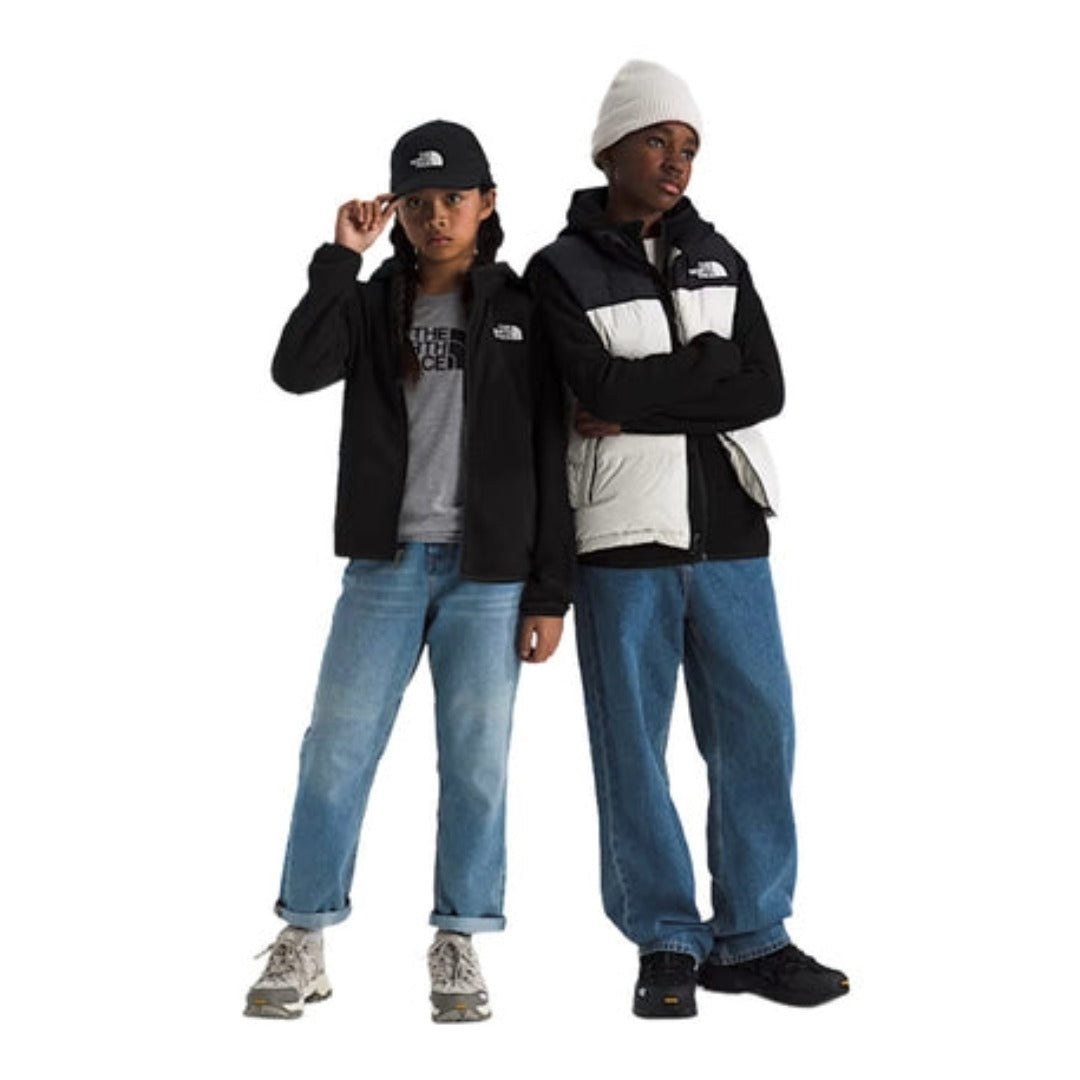 The North Face Boys’ & Girls’ Glacier Full-Zip Hoodie lightweight recycled fleece jacket with hood and zippered pockets.