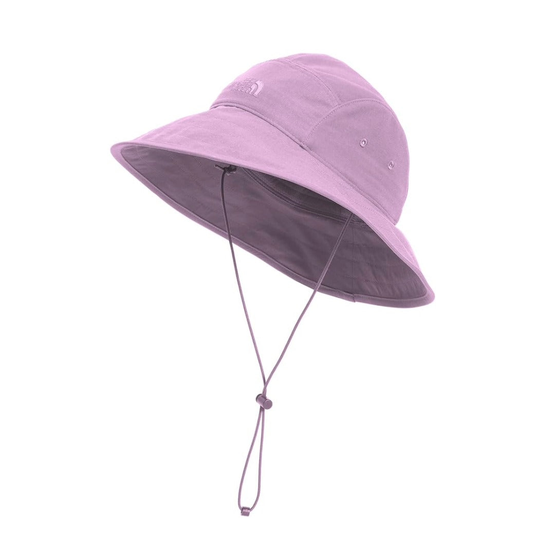 The North Face Women’s Class V Brimmer hat with a wide brim, adjustable chin strap, and lightweight outdoor design for sun protection.