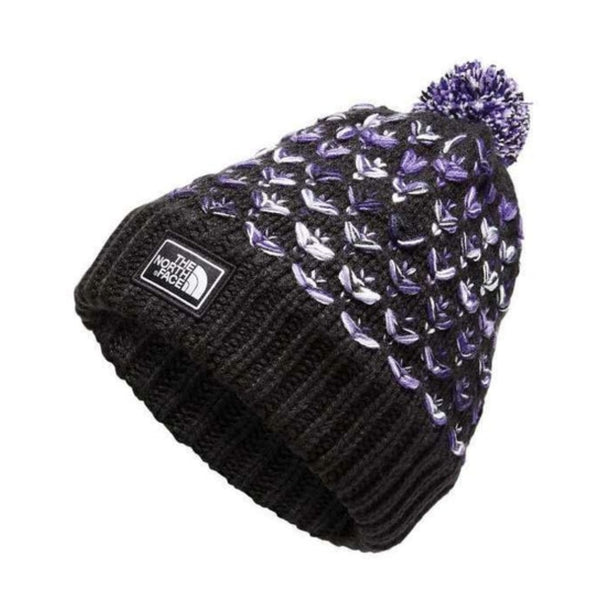 The North Face Girls Chunky Pom Beanie featuring thick knit texture, fold-over cuff, embroidered logo patch, and pom detail for cozy winter wear.