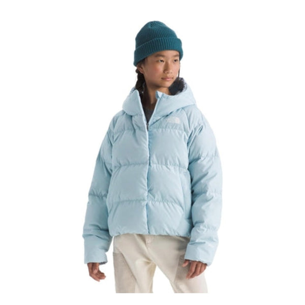 The North Face Girls’ North Down Hooded Jacket insulated puffer jacket with hood and quilted design for cold-weather protection.
