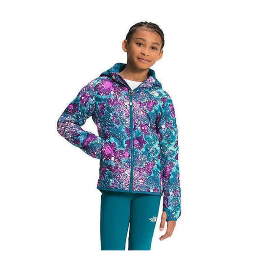 The North Face Girls’ Printed ThermoBall Eco Hoodie with lightweight insulation, hooded design, and colorful printed style for cold-weather wear.
