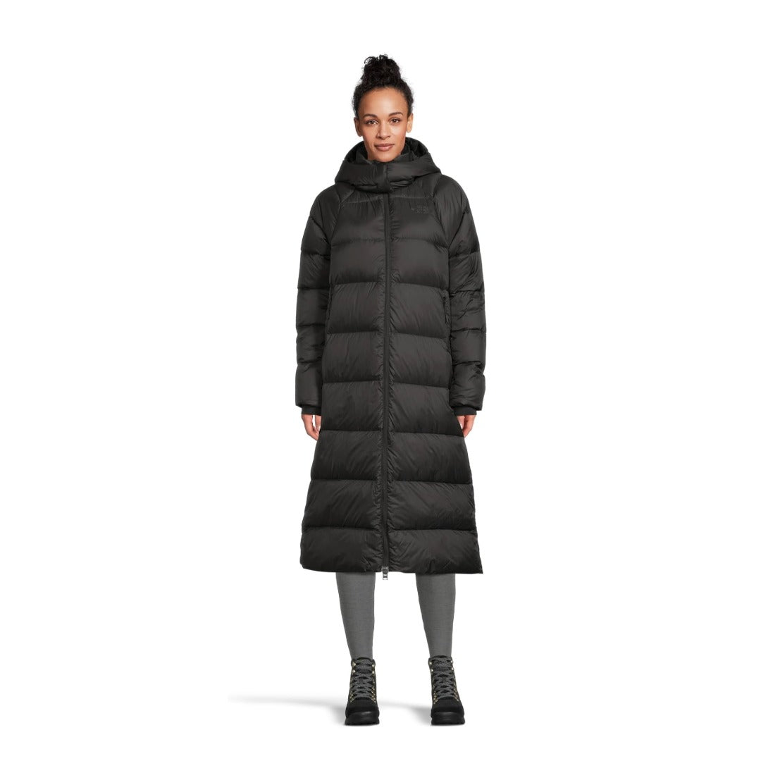 Long hooded winter parka featuring a lightweight quilted construction, water-repellent outer shell, down insulation, attached hood, full-length front zipper, and secure zippered pockets for cold-weather city wear
