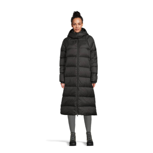 Long hooded winter parka featuring a lightweight quilted construction, water-repellent outer shell, down insulation, attached hood, full-length front zipper, and secure zippered pockets for cold-weather city wear