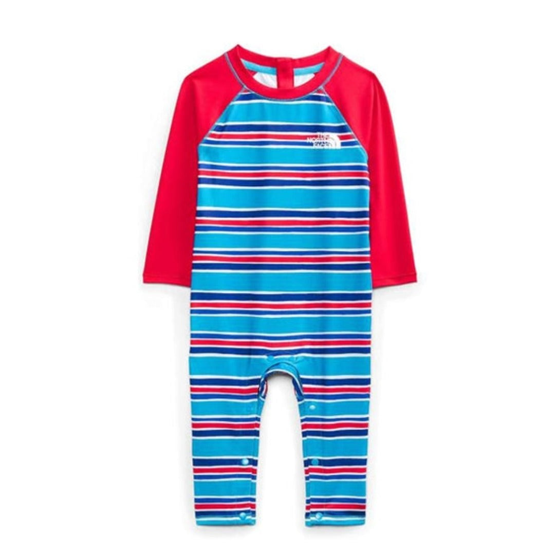 The North Face Infant Sun Full Length One-Piece featuring long sleeves, full-length legs, front zipper closure, and lightweight sun-protective fabric for outdoor wear.