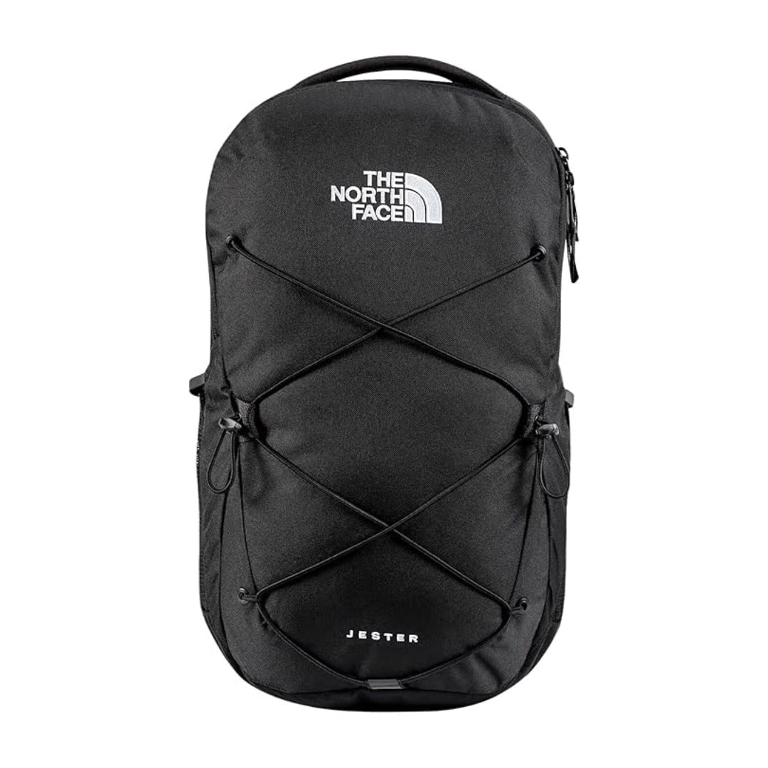 The North Face Jester Everyday Laptop Backpack with padded laptop compartment, front bungee cord, and ergonomic shoulder straps for daily use.