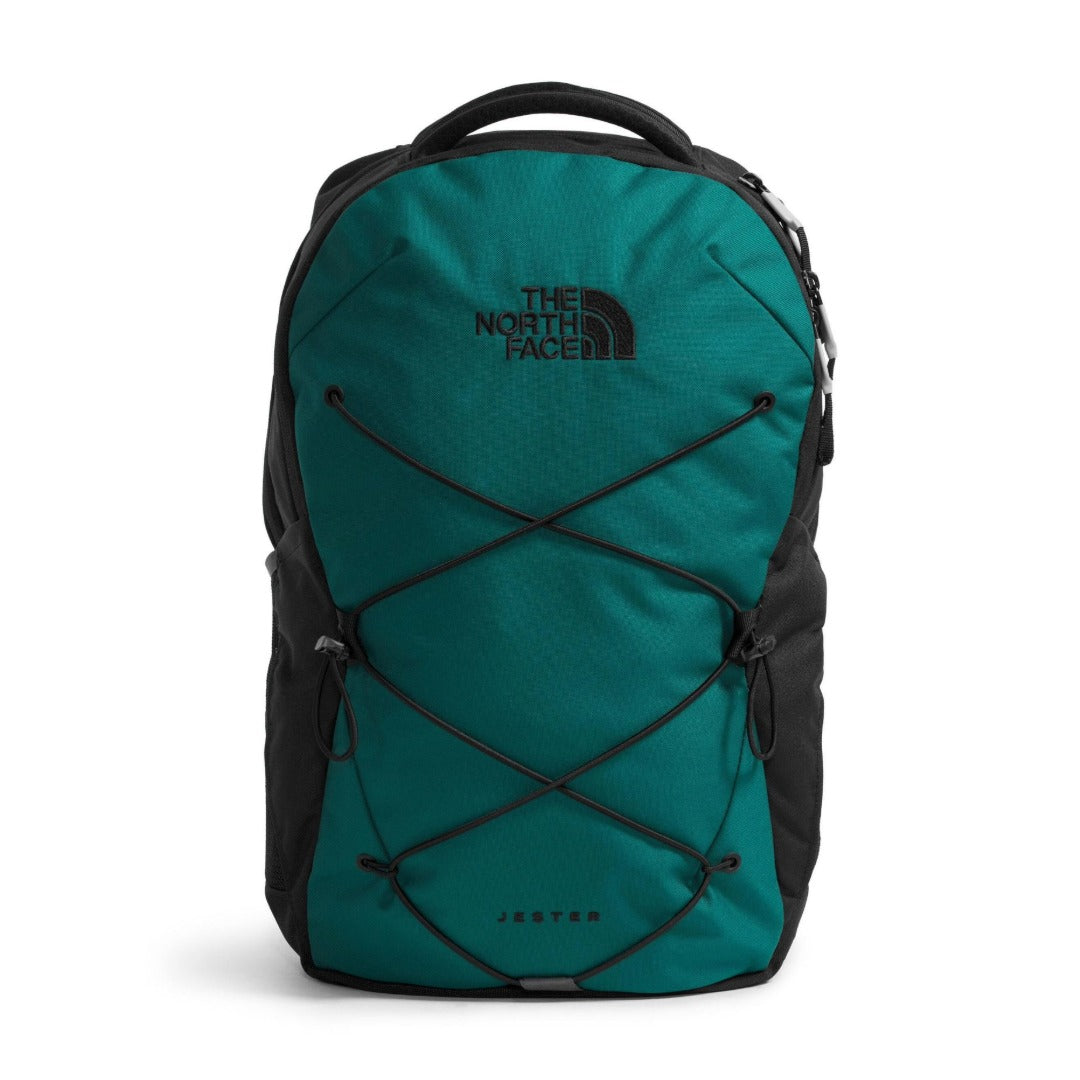 North Face Jester backpack featuring a front bungee system, multiple compartments, and padded shoulder straps for comfortable everyday use.