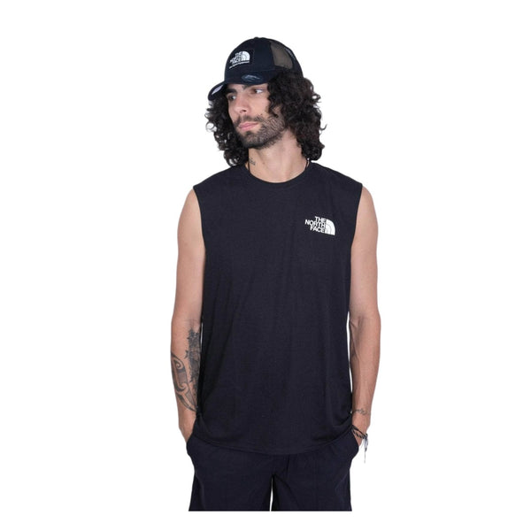 The North Face Men’s Coord Tank sleeveless athletic shirt with lightweight fabric and front logo graphic.