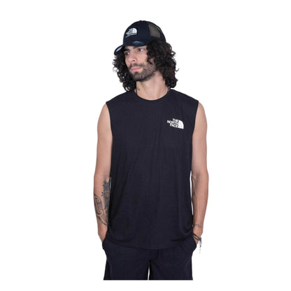 The North Face Men’s Coord Tank sleeveless athletic shirt with lightweight fabric and front logo graphic.
