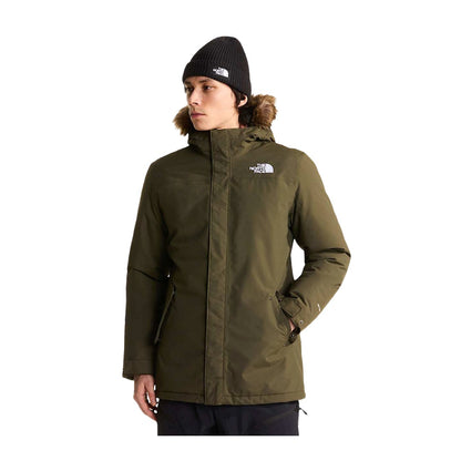 Men’s insulated winter jacket featuring a water-repellent outer shell, warm insulation, adjustable hood with faux-fur trim, full-length front zipper, storm flap, multiple pockets, and adjustable cuffs for cold-weather protection