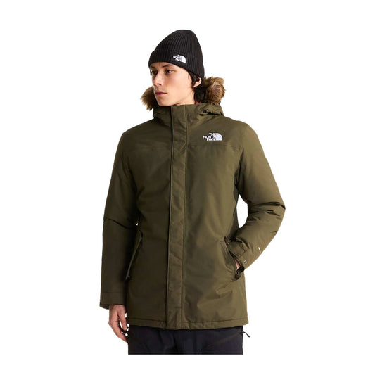 Men’s insulated winter jacket featuring a water-repellent outer shell, warm insulation, adjustable hood with faux-fur trim, full-length front zipper, storm flap, multiple pockets, and adjustable cuffs for cold-weather protection