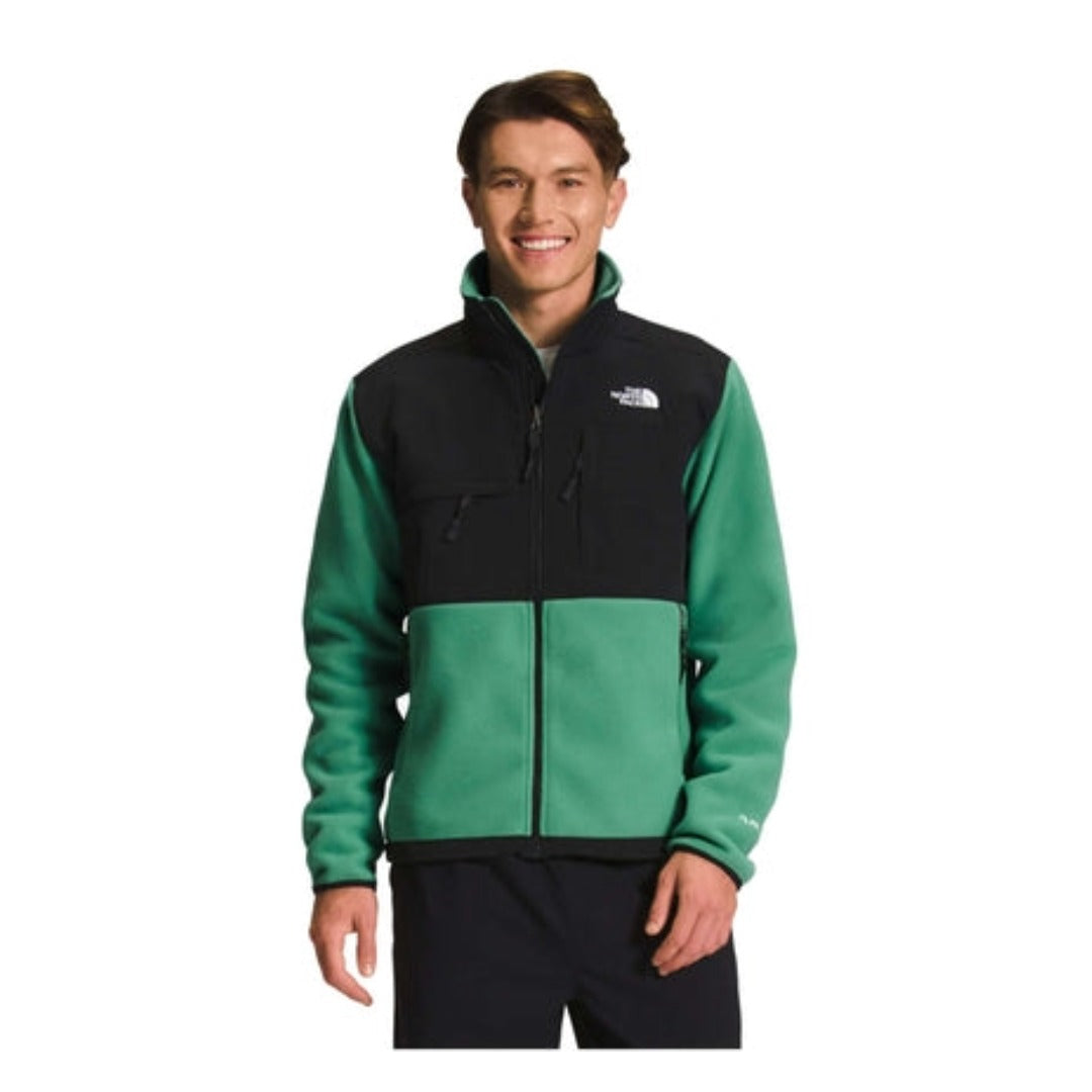 The North Face Men’s Denali Fleece Jacket with recycled fleece fabric, reinforced chest panels, and zippered pockets.