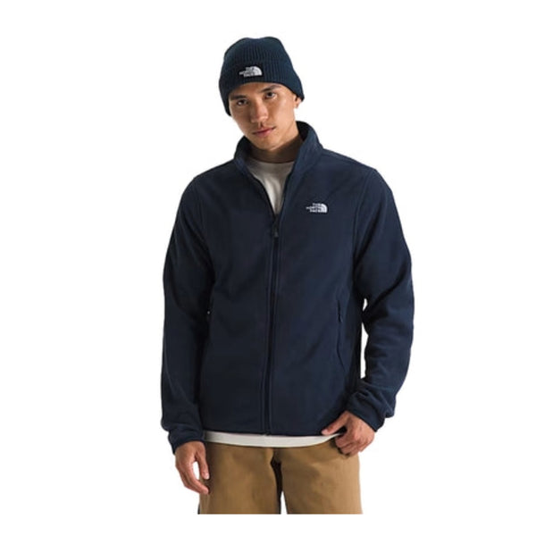 Man wearing a North Face Glacier fleece jacket with a full-zip front and stand collar, designed for lightweight warmth and everyday outdoor comfort.