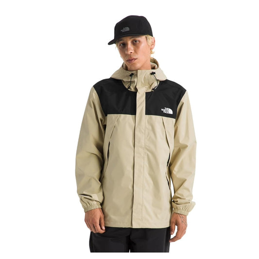 The North Face Men’s Antora Jacket featuring waterproof hooded shell, full-zip front with stormflap, and zippered hand pockets for lightweight rain protection.