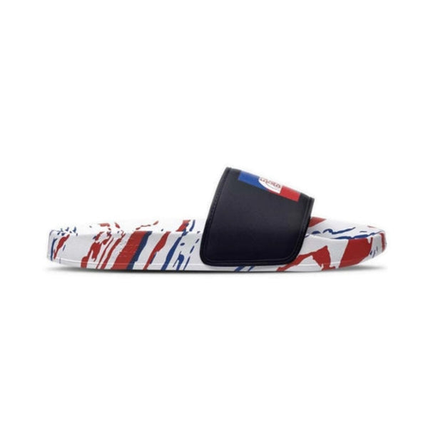 Men's slide sandals featuring a padded synthetic strap with an Americana-inspired design, soft textile lining, cushioned EVA footbed, textured insole, and durable rubber outsole for comfortable casual, beach, and poolside wear