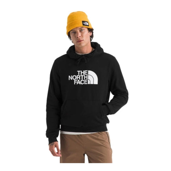 The North Face Men's Evolution Half Dome Hoodie in black, featuring the bold Half Dome logo on the chest, an adjustable hood, and kangaroo pocket.
