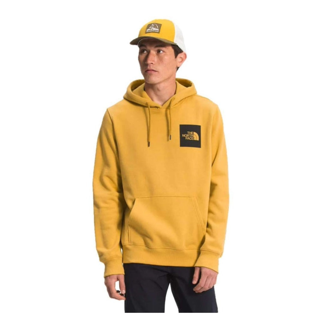 The North Face Men’s Fine Hoodie featuring soft fleece fabric, adjustable hood, kangaroo pocket, ribbed trim, and subtle logo graphic for casual comfort.
