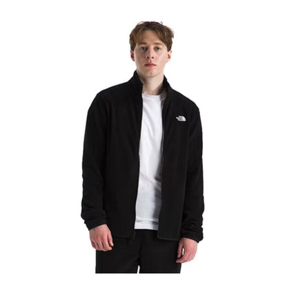 Man wearing a North Face Glacier fleece jacket with full-zip front and stand collar, ideal for lightweight warmth and casual outdoor wear.