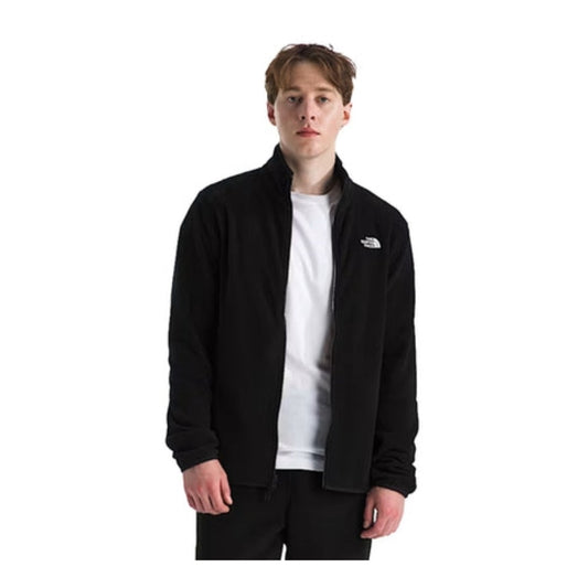 Man wearing a North Face Glacier fleece jacket with full-zip front and stand collar, ideal for lightweight warmth and casual outdoor wear.